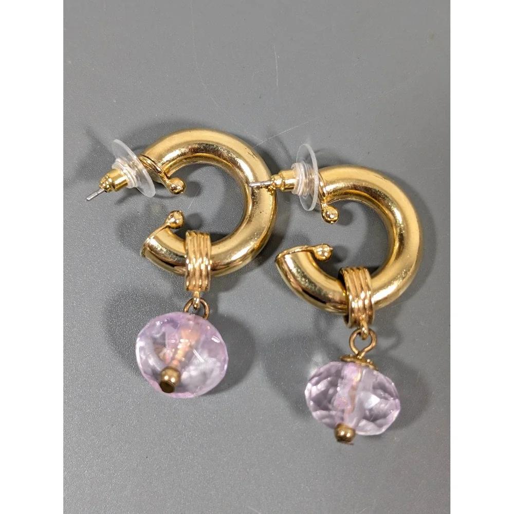 Vintage‎ Pink Lucite Drop Hoop Earrings Gold Tone Retro Charm Dangle